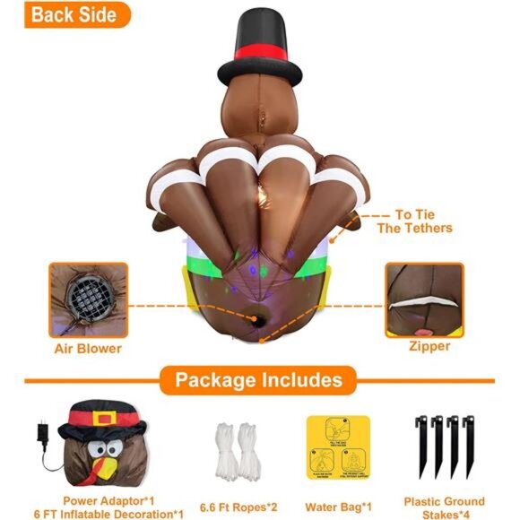 [ Colorful Rotating Lights ] 6 Ft Tall Thanksgiving Inflatable Turkey - Picture 6 of 7